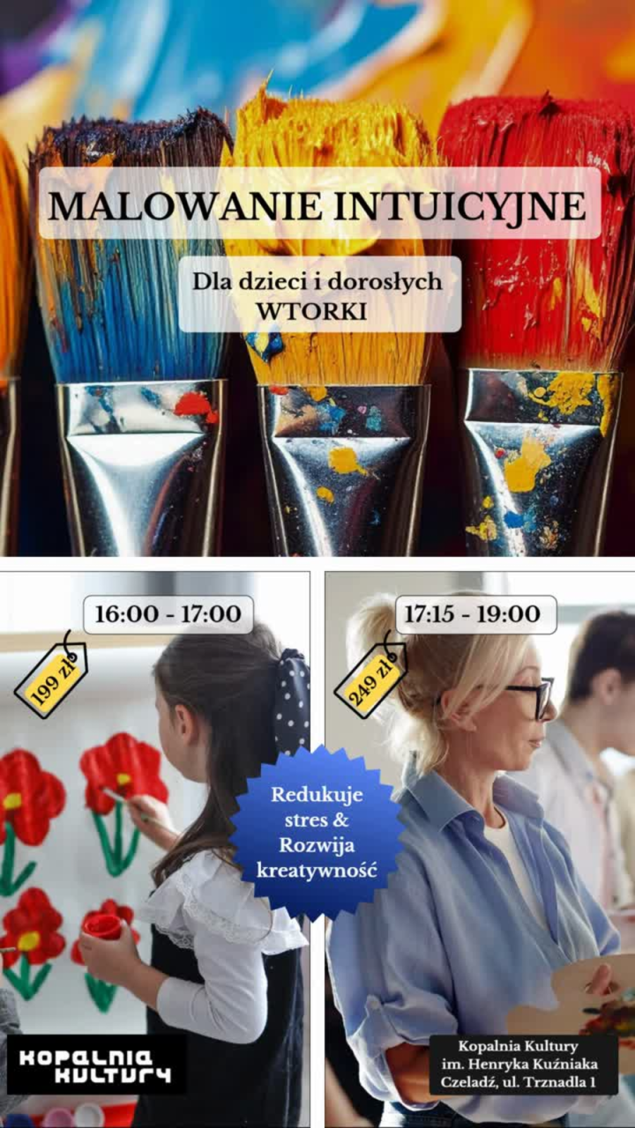 plakat z pędzlami promujący malowanie intuicyjne